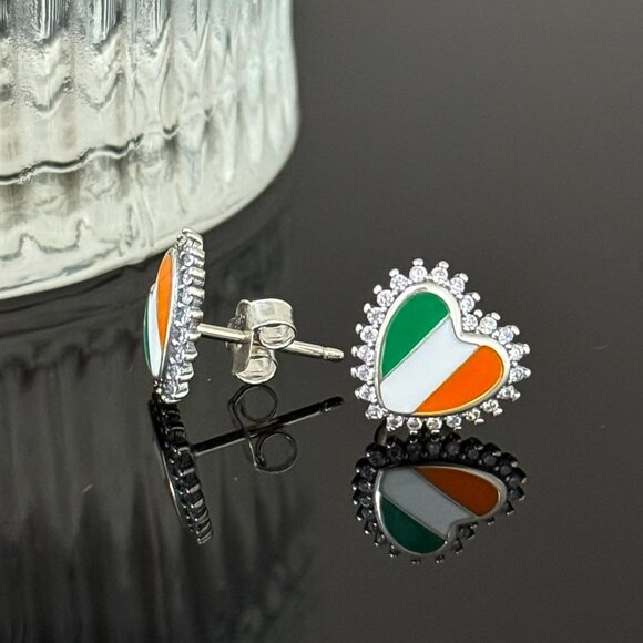 Ireland Flag Earrings Heart bling S925 Sterling Silver Handmade Ear Stud - Picture 2 of 5